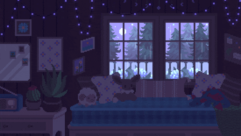a pixel art illustration of a bedroom with a bed and a window .