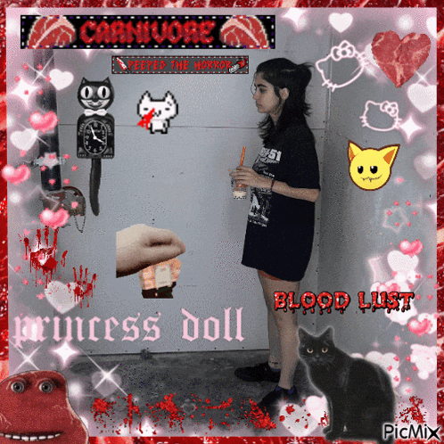 a girl is standing in front of a door that says carnivore