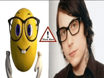a yellow smiley face with glasses next to a man with glasses