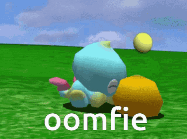 a cartoon character with the word oomfie on the bottom