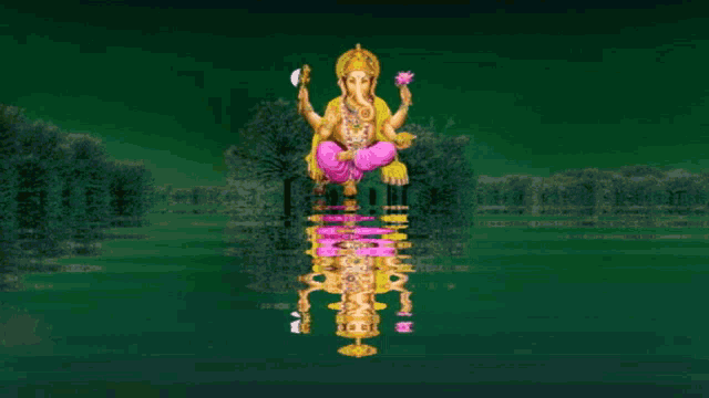 a painting of a deity sitting on a lotus flower in a lake