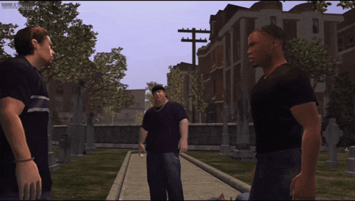 a screenshot of a video game shows three men standing on a sidewalk in front of a building