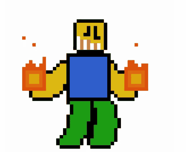 a pixel art of a roblox character holding fire in his hands .