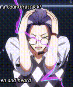 a man with glasses is holding his head with his hands and the words ' a counterattack ' written above him