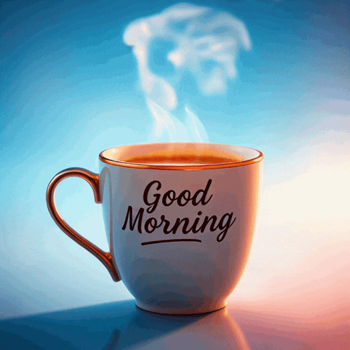 a cup of coffee with steam coming out of it that says good morning