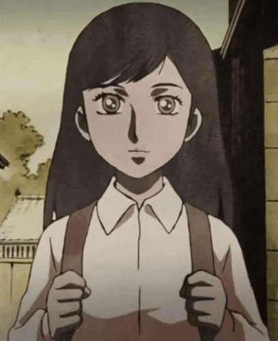 a girl with long black hair is wearing a backpack
