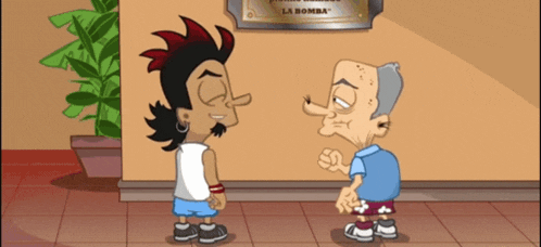 two cartoon characters standing next to each other in front of a sign that says la bomba