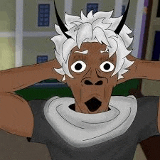 a cartoon character with horns and a scarf around his neck is making a funny face .