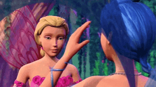 a barbie doll is touching another barbie doll 's face in a cartoon .