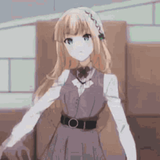 a girl with blonde hair and green eyes is wearing a vest and a white shirt .