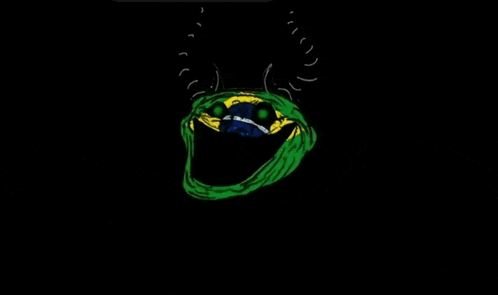 a cartoon drawing of a frog with a brazilian flag on its face on a black background .