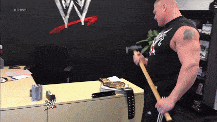 a wrestler is holding a hammer in front of a wwe logo
