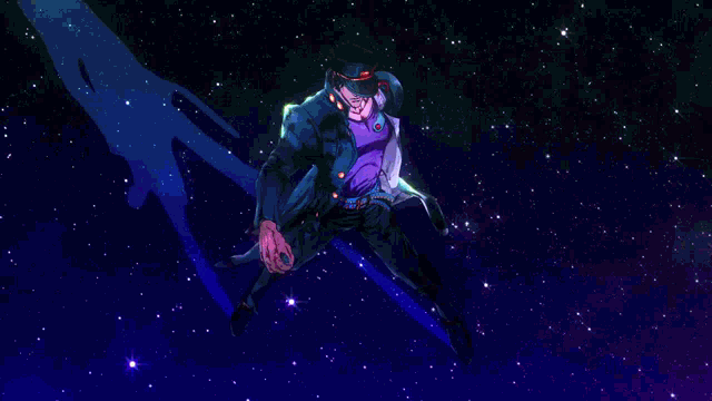 a pixel art of jotaro kujo from jojo 's bizarre adventure standing in front of a starry sky