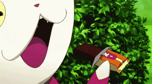 a cartoon character is eating a chocolate bar with his tongue hanging out .