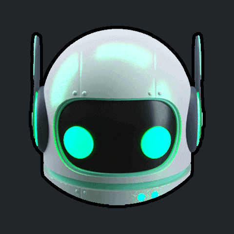 a white helmet with green eyes and headphones on a dark background