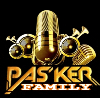 a logo for pas ker family shows a gold microphone and speakers