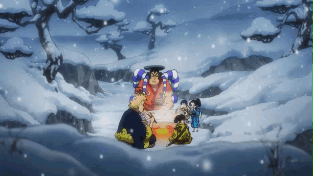 a group of cartoon characters are sitting in the snow with a man in a red shirt with the number 3 on it