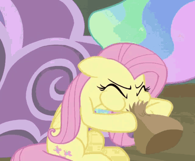 a cartoon of a pony holding a bag with a purple background