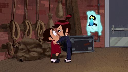 a cartoon of a boy and a girl standing next to a ghost with the number 8 on it