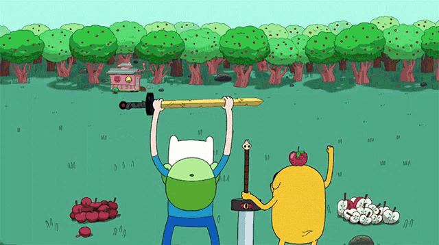 a cartoon of finn holding a sword and jack holding a cane
