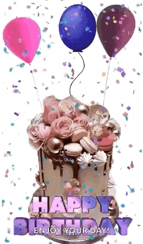 a birthday cake with balloons and confetti and the words `` happy birthday enjoy your day ''