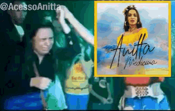 a woman in a yellow top is standing next to a picture of anitta medicina