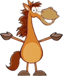 a cartoon horse with its arms outstretched is smiling and looking at the camera .