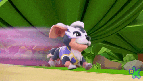 a cartoon dog wearing a mask is running on a track .