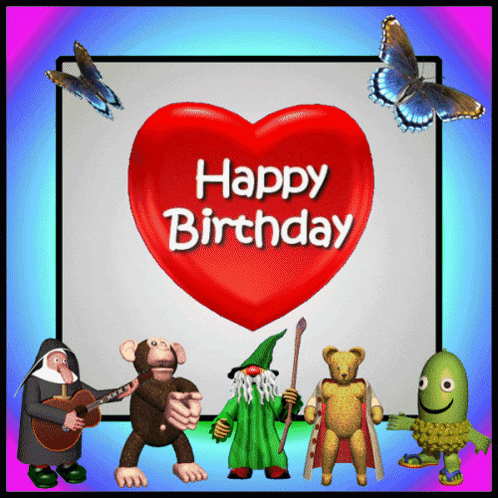 a happy birthday card with a red heart surrounded by toys