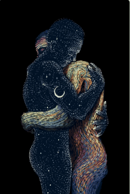 a painting of a man and woman hugging each other with a crescent moon in the background