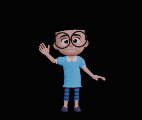 a cartoon character wearing glasses and a blue shirt is waving