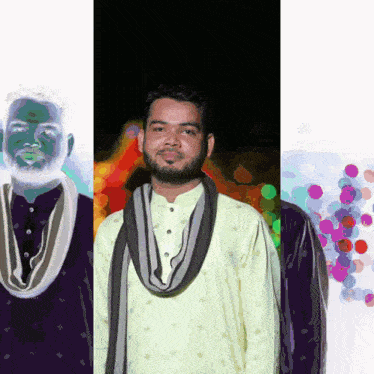 a man with a scarf around his neck is standing in front of a colorful background