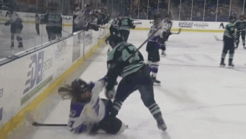 a hockey game is being played in front of a banner that says eon