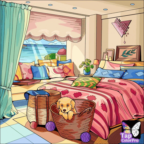 a drawing of a bedroom with a puppy in a basket and the words tap colorpro on the bottom