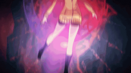 a woman is standing in a dark room with a purple background .