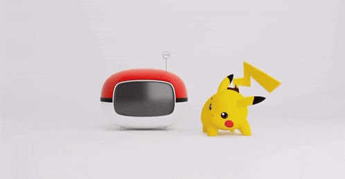 a pikachu toy is standing next to a television on a white background .