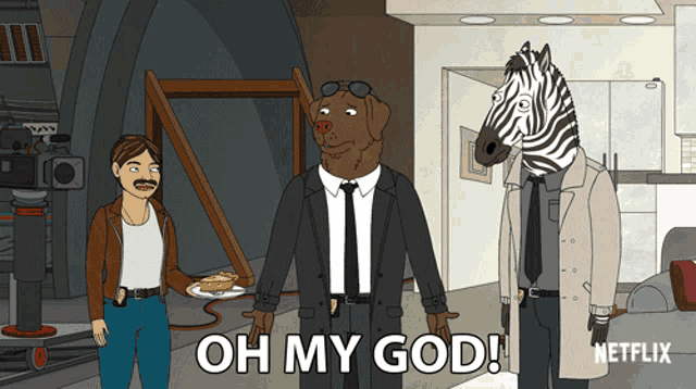 a cartoon shows a man holding a pie and a zebra with the words oh my god
