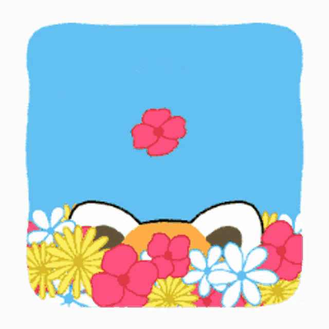 a red panda with a flower on its head is surrounded by flowers