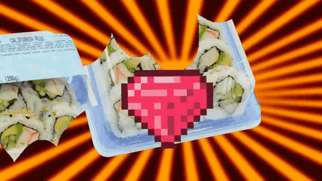 a container of california plus sushi with a pixel heart in the background