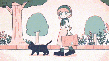 a cartoon drawing of a girl walking a black cat and a suitcase with the number 4 on it