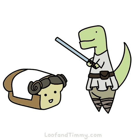 a cartoon of a dinosaur holding a light saber next to a piece of toast