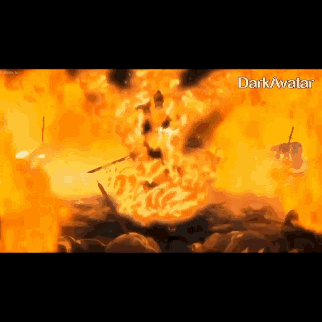 a group of people are standing in front of a large fire with the words dark avatar in the corner