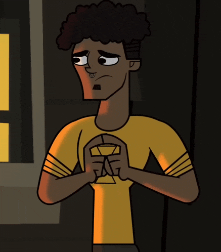 a cartoon character with a yellow shirt is holding a glass