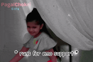 a gif of a little girl with the words " runs for emo support "