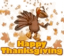 a happy thanksgiving greeting card with a cartoon turkey and leaves .
