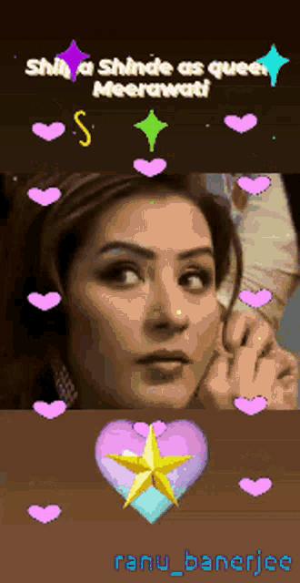 a woman is surrounded by pink hearts and a star with the name ranu_banerjee