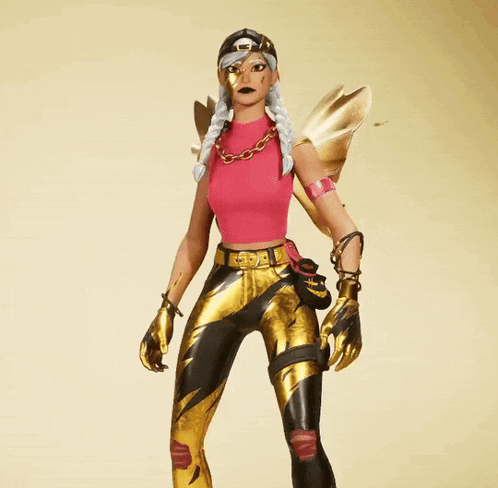 a girl in a pink top and gold pants is standing in front of hearts