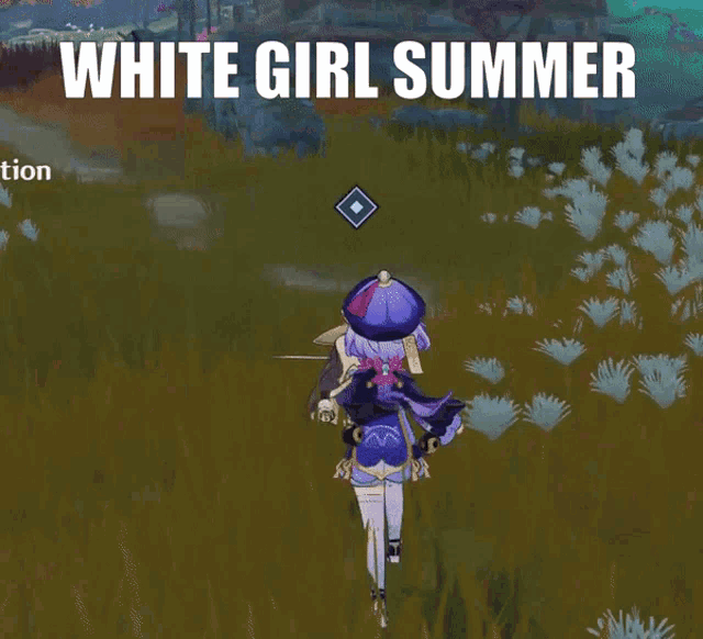 a video game character is walking in a field with the words white girl summer written above her