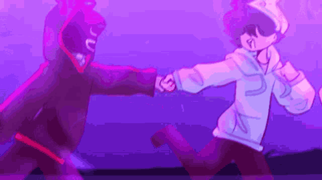 a cartoon of two people holding hands in a purple and pink background .