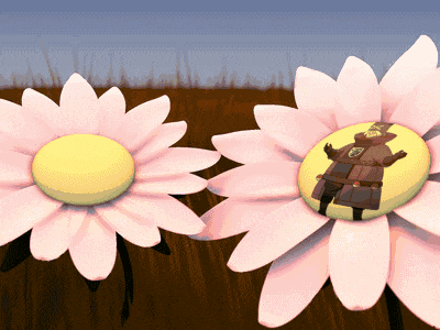 two pink daisies with a man on the center